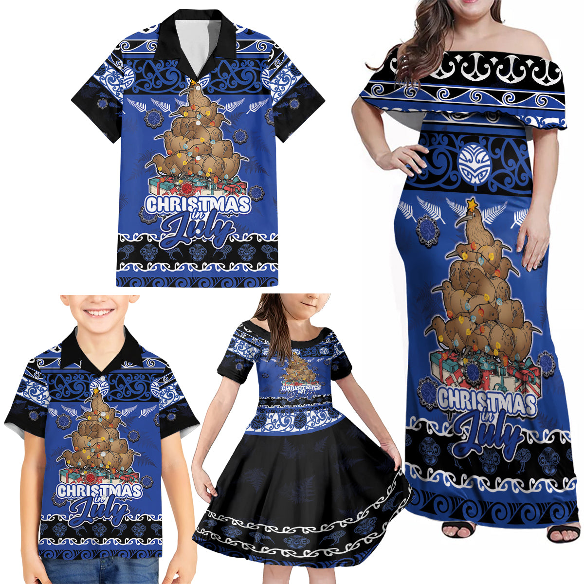 Personalised New Zealand July Christmas Family Matching Off Shoulder Maxi Dress and Hawaiian Shirt Maori Kiwi Xmas Tree - Blue LT05 - Polynesian Pride