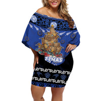 Personalised New Zealand July Christmas Family Matching Off Shoulder Short Dress and Hawaiian Shirt Maori Kiwi Xmas Tree - Blue