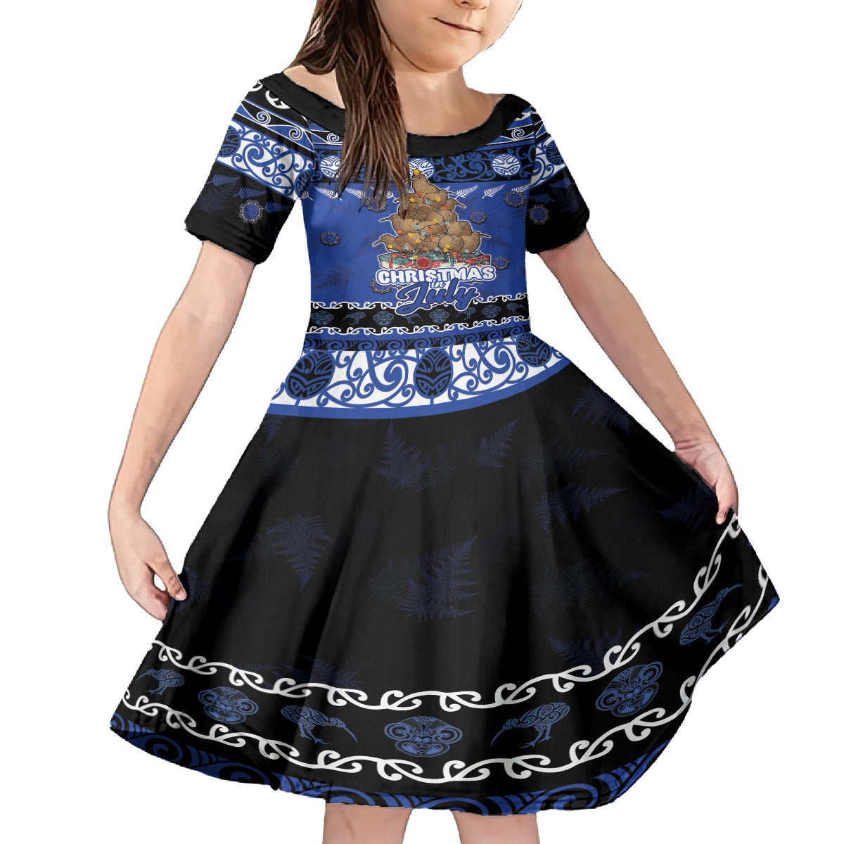 Personalised New Zealand July Christmas Family Matching Puletasi and Hawaiian Shirt Maori Kiwi Xmas Tree - Blue LT05 Daughter's Dress Blue - Polynesian Pride