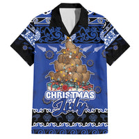 Personalised New Zealand July Christmas Family Matching Puletasi and Hawaiian Shirt Maori Kiwi Xmas Tree - Blue LT05 Dad's Shirt - Short Sleeve Blue - Polynesian Pride