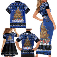 Personalised New Zealand July Christmas Family Matching Short Sleeve Bodycon Dress and Hawaiian Shirt Maori Kiwi Xmas Tree - Blue LT05 - Polynesian Pride