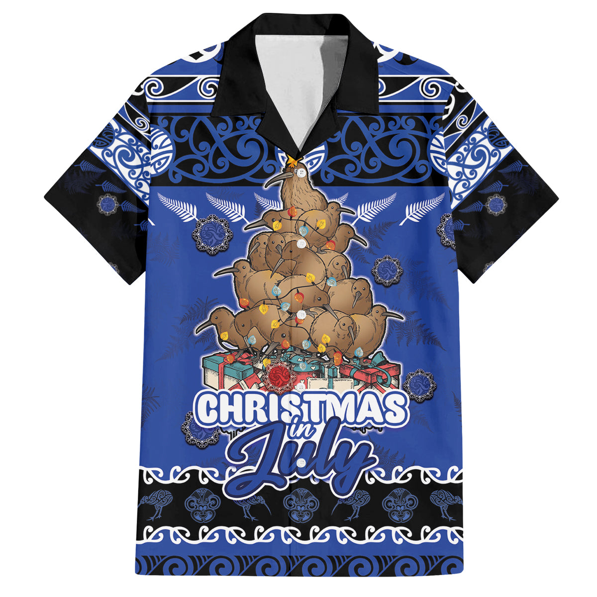 Personalised New Zealand July Christmas Family Matching Summer Maxi Dress and Hawaiian Shirt Maori Kiwi Xmas Tree - Blue LT05 Dad's Shirt - Short Sleeve Blue - Polynesian Pride