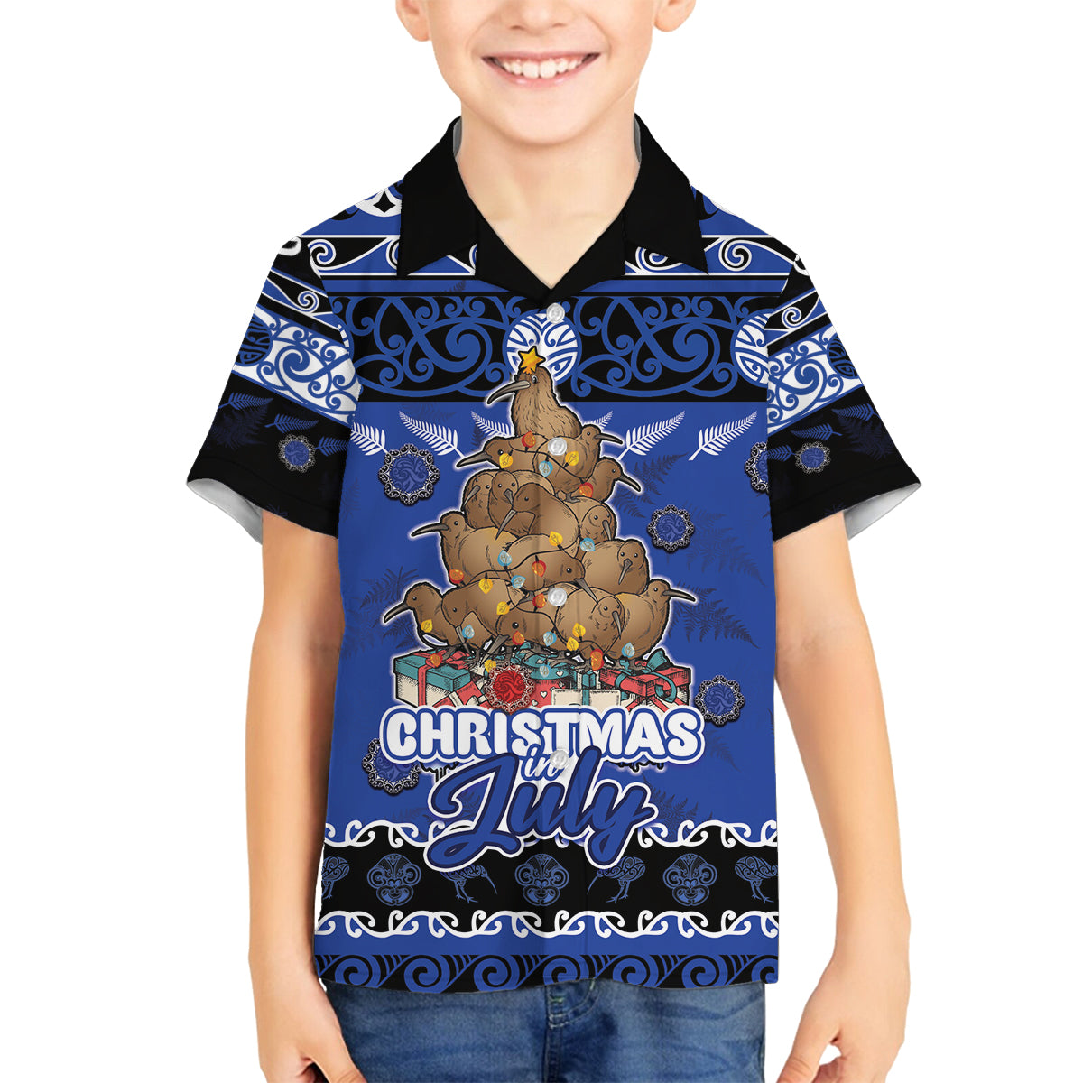 Personalised New Zealand July Christmas Family Matching Summer Maxi Dress and Hawaiian Shirt Maori Kiwi Xmas Tree - Blue LT05 Son's Shirt Blue - Polynesian Pride
