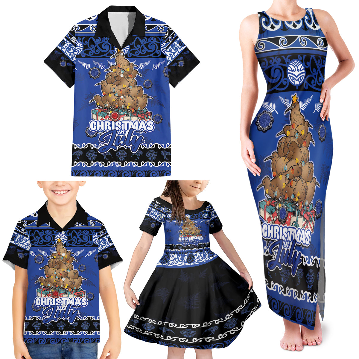 Personalised New Zealand July Christmas Family Matching Tank Maxi Dress and Hawaiian Shirt Maori Kiwi Xmas Tree - Blue