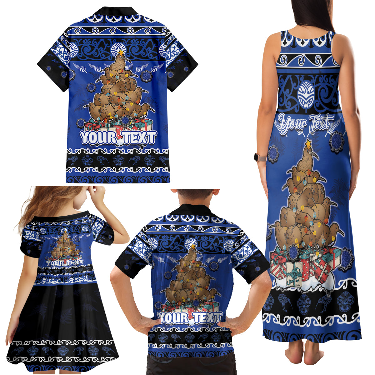Personalised New Zealand July Christmas Family Matching Tank Maxi Dress and Hawaiian Shirt Maori Kiwi Xmas Tree - Blue