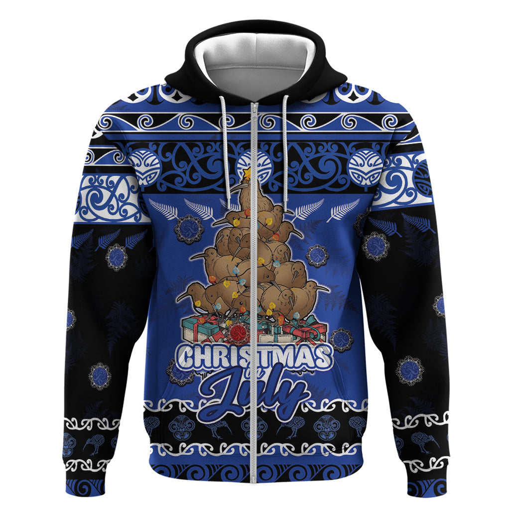 Personalised New Zealand July Christmas Hoodie Maori Kiwi Xmas Tree - Blue
