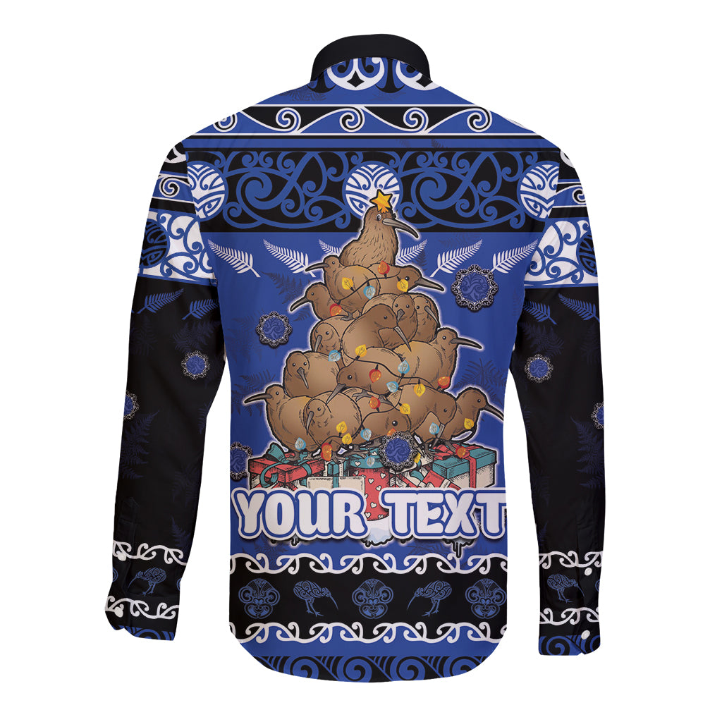 Personalised New Zealand July Christmas Long Sleeve Button Shirt Maori Kiwi Xmas Tree - Blue