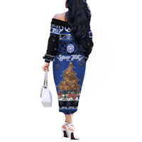 Personalised New Zealand July Christmas Off The Shoulder Long Sleeve Dress Maori Kiwi Xmas Tree - Blue LT05 - Polynesian Pride