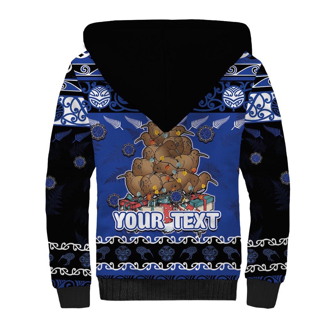 Personalised New Zealand July Christmas Sherpa Hoodie Maori Kiwi Xmas Tree - Blue LT05 - Polynesian Pride
