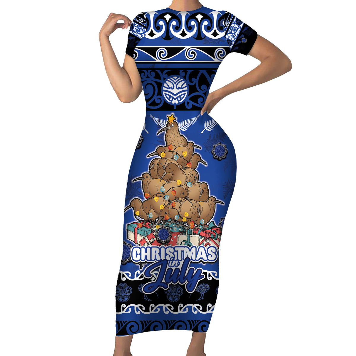 Personalised New Zealand July Christmas Short Sleeve Bodycon Dress Maori Kiwi Xmas Tree - Blue LT05 Long Dress Blue - Polynesian Pride