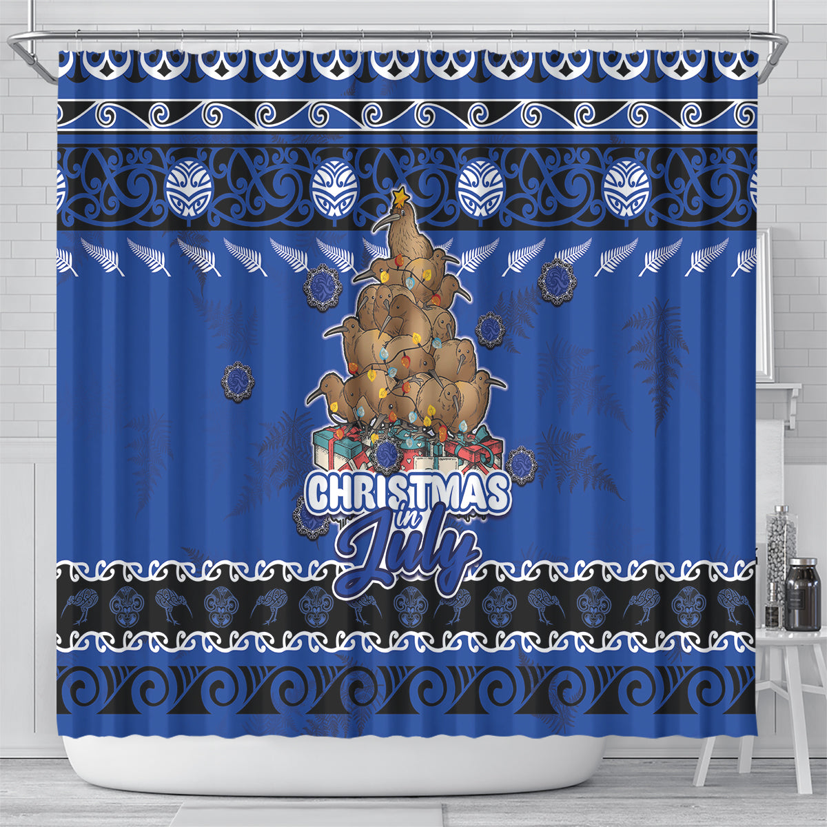 New Zealand July Christmas Shower Curtain Maori Kiwi Xmas Tree - Blue
