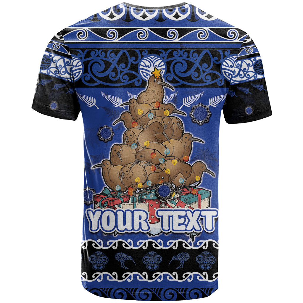 Personalised New Zealand July Christmas T Shirt Maori Kiwi Xmas Tree - Blue