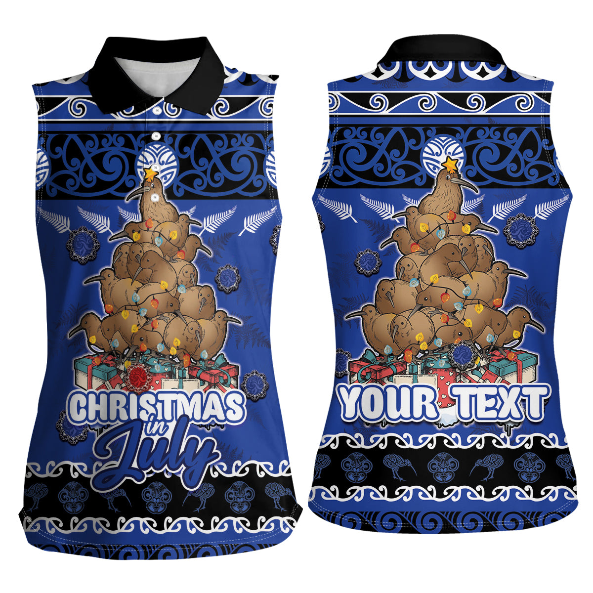 Personalised New Zealand July Christmas Women Sleeveless Polo Shirt Maori Kiwi Xmas Tree - Blue