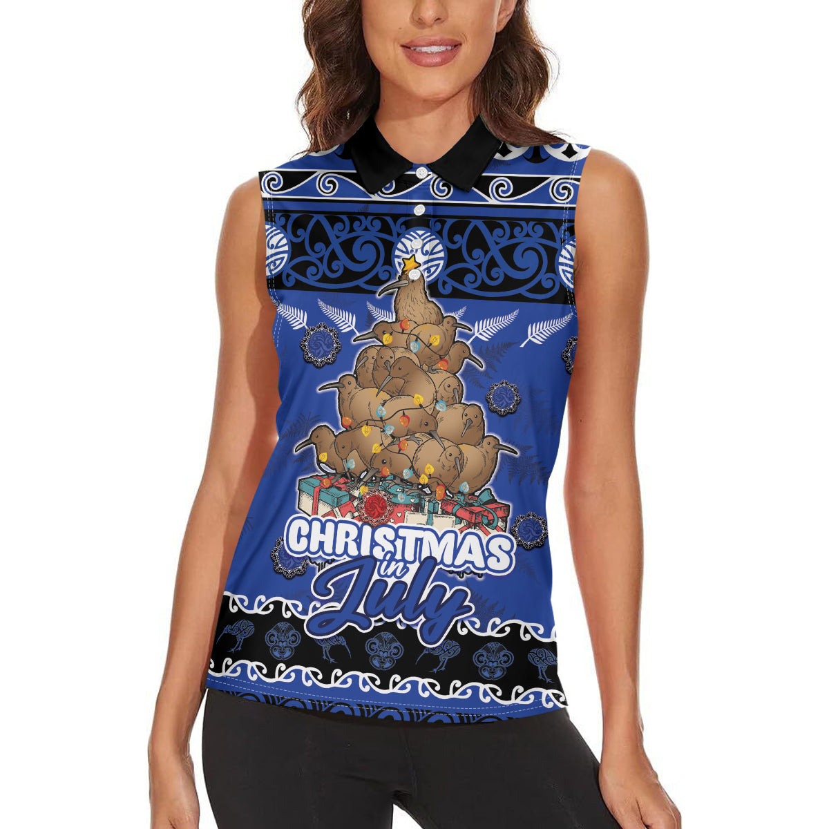 Personalised New Zealand July Christmas Women Sleeveless Polo Shirt Maori Kiwi Xmas Tree - Blue