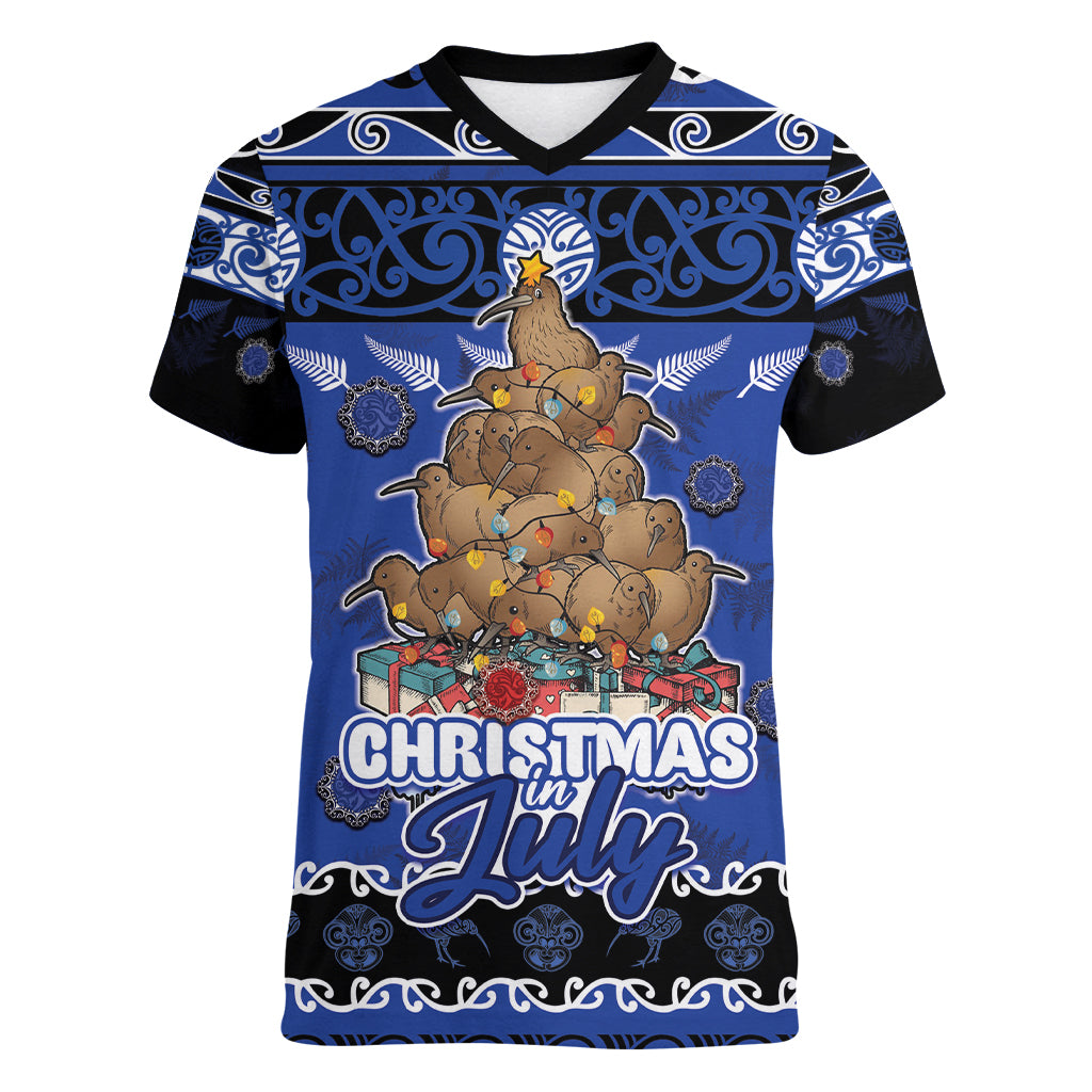 Personalised New Zealand July Christmas Women V-Neck T-Shirt Maori Kiwi Xmas Tree - Blue