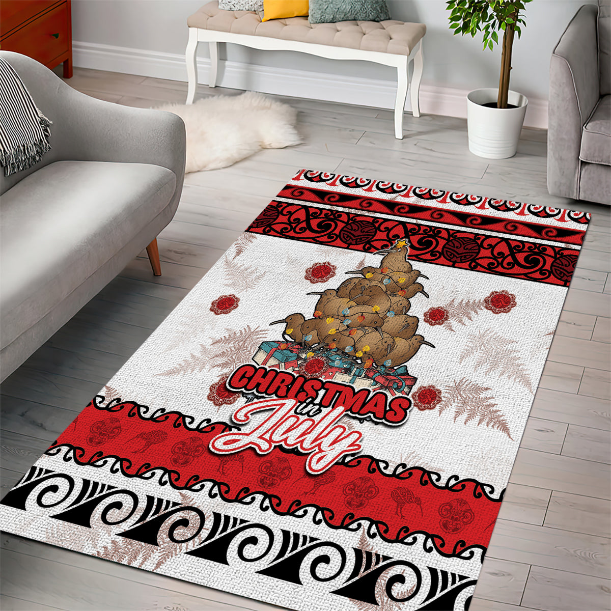New Zealand July Christmas Area Rug Maori Kiwi Xmas Tree - White