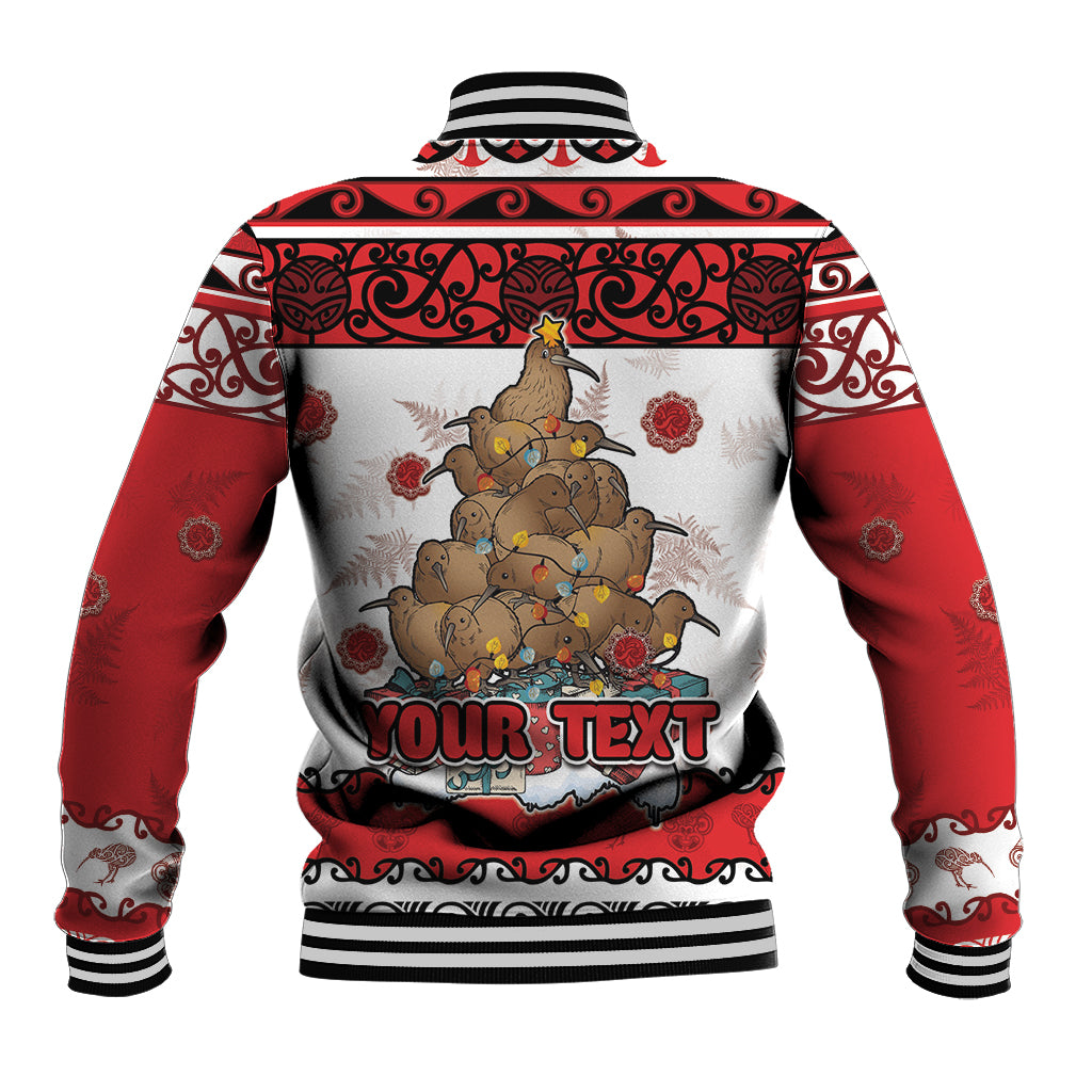 Personalised New Zealand July Christmas Baseball Jacket Maori Kiwi Xmas Tree - White