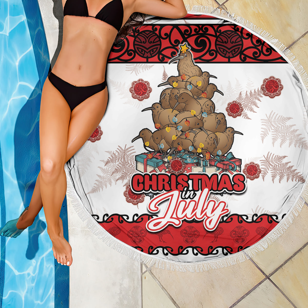 New Zealand July Christmas Beach Blanket Maori Kiwi Xmas Tree - White