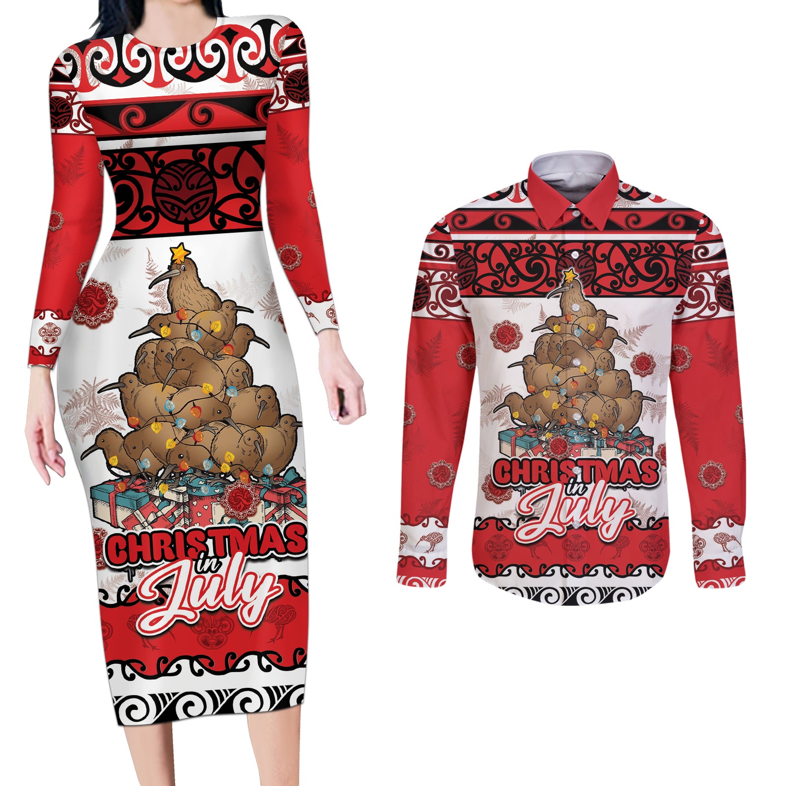 Personalised New Zealand July Christmas Couples Matching Long Sleeve Bodycon Dress and Long Sleeve Button Shirt Maori Kiwi Xmas Tree - White
