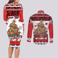 Personalised New Zealand July Christmas Couples Matching Long Sleeve Bodycon Dress and Long Sleeve Button Shirt Maori Kiwi Xmas Tree - White