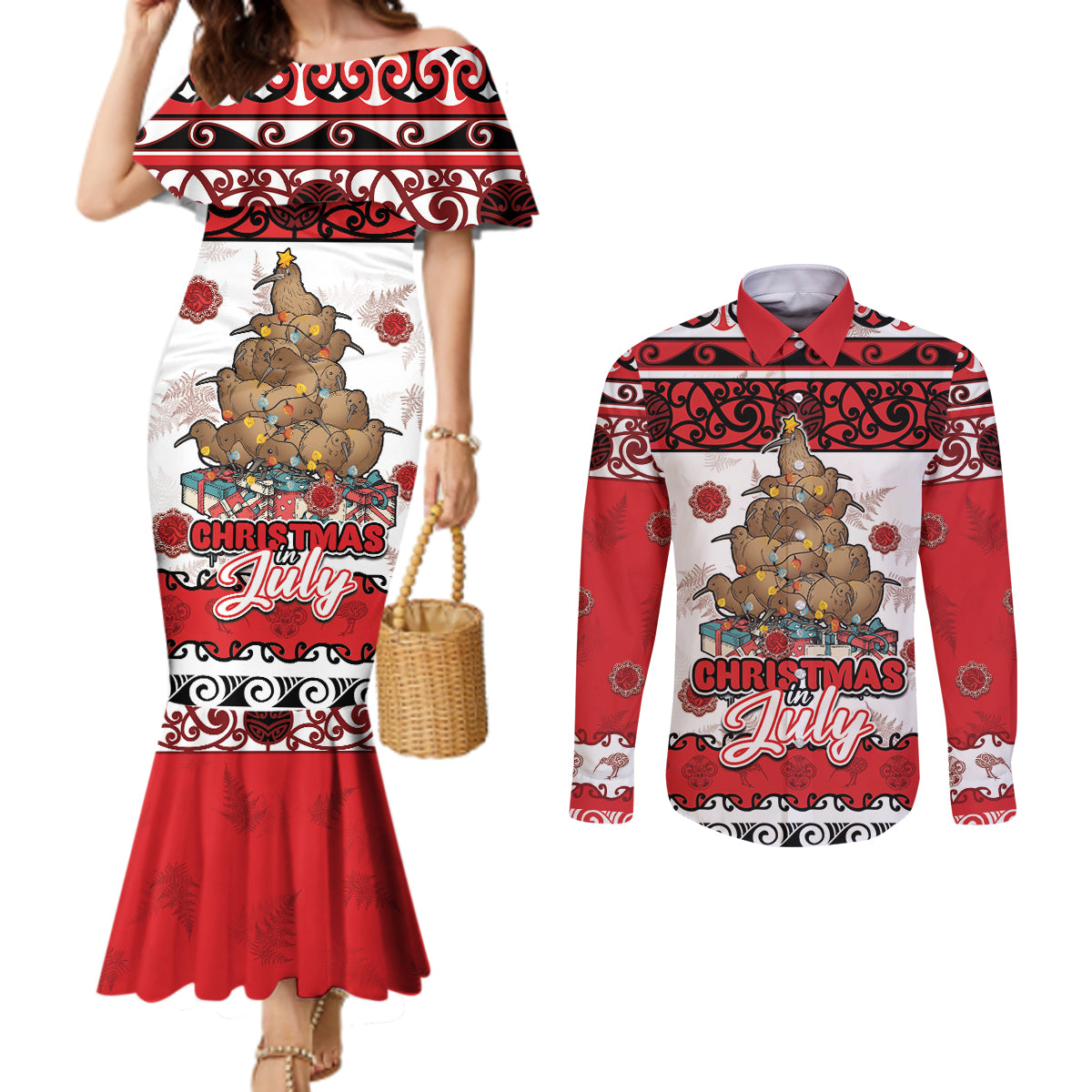 Personalised New Zealand July Christmas Couples Matching Mermaid Dress and Long Sleeve Button Shirt Maori Kiwi Xmas Tree - White