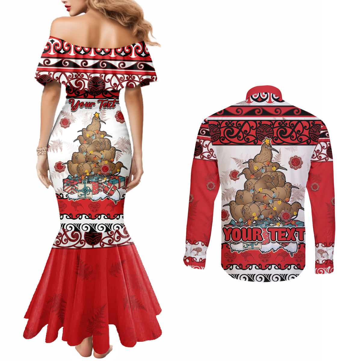 Personalised New Zealand July Christmas Couples Matching Mermaid Dress and Long Sleeve Button Shirt Maori Kiwi Xmas Tree - White