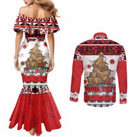 Personalised New Zealand July Christmas Couples Matching Mermaid Dress and Long Sleeve Button Shirt Maori Kiwi Xmas Tree - White
