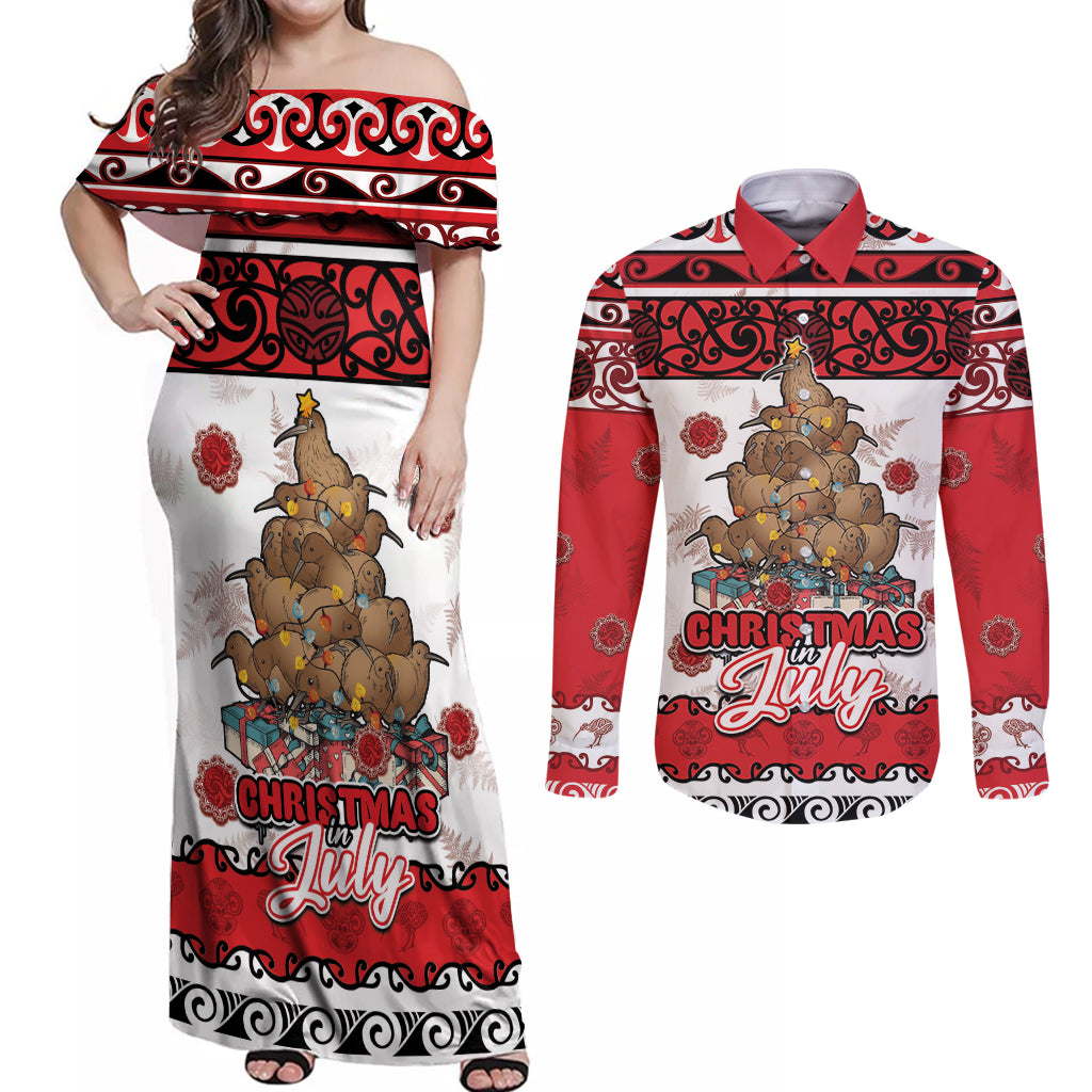 Personalised New Zealand July Christmas Couples Matching Off Shoulder Maxi Dress and Long Sleeve Button Shirt Maori Kiwi Xmas Tree - White