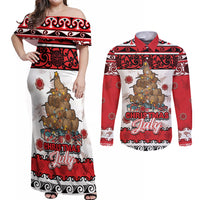 Personalised New Zealand July Christmas Couples Matching Off Shoulder Maxi Dress and Long Sleeve Button Shirt Maori Kiwi Xmas Tree - White