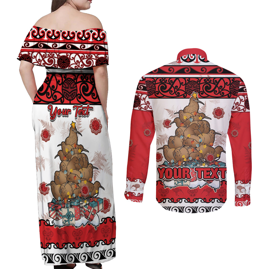 Personalised New Zealand July Christmas Couples Matching Off Shoulder Maxi Dress and Long Sleeve Button Shirt Maori Kiwi Xmas Tree - White