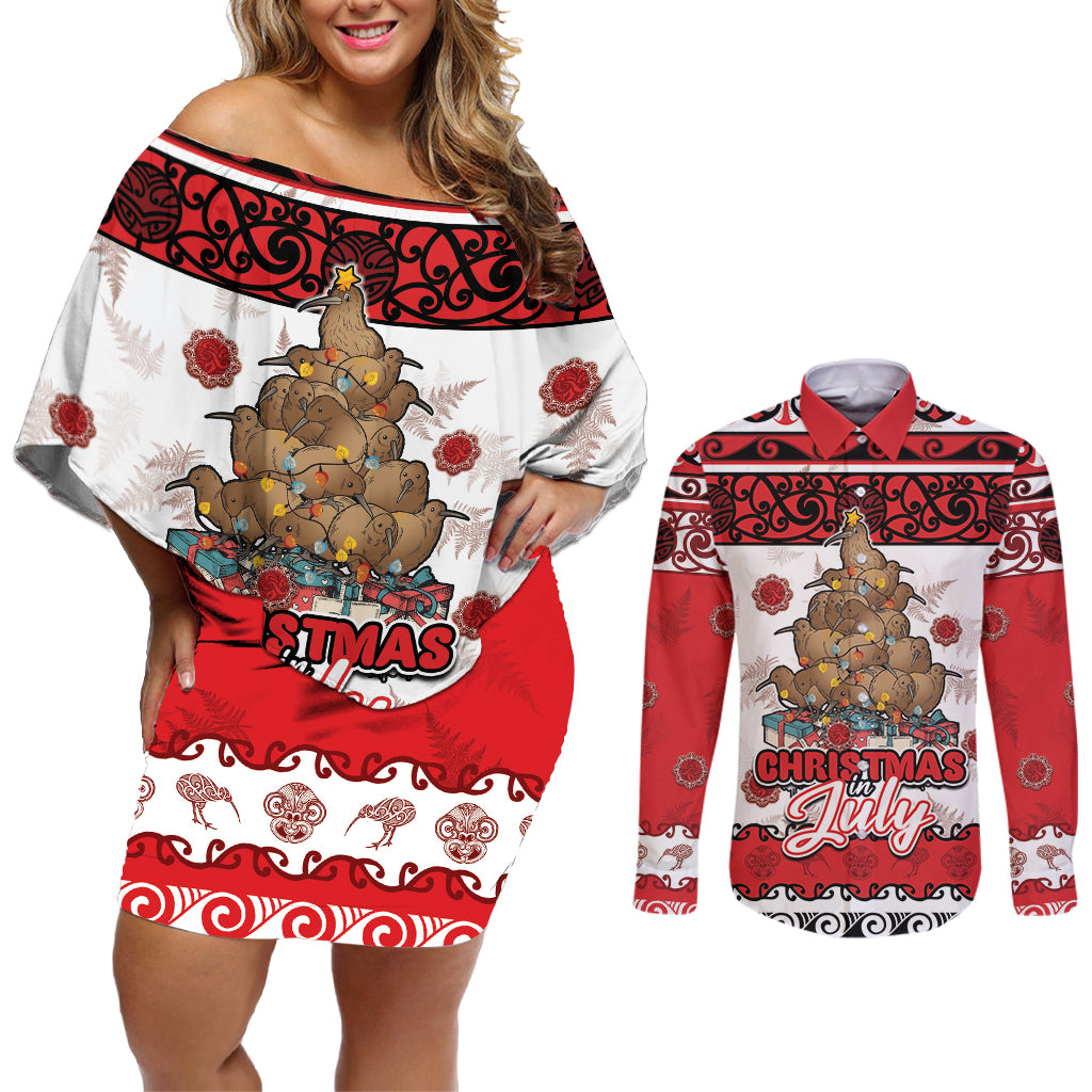 Personalised New Zealand July Christmas Couples Matching Off Shoulder Short Dress and Long Sleeve Button Shirt Maori Kiwi Xmas Tree - White