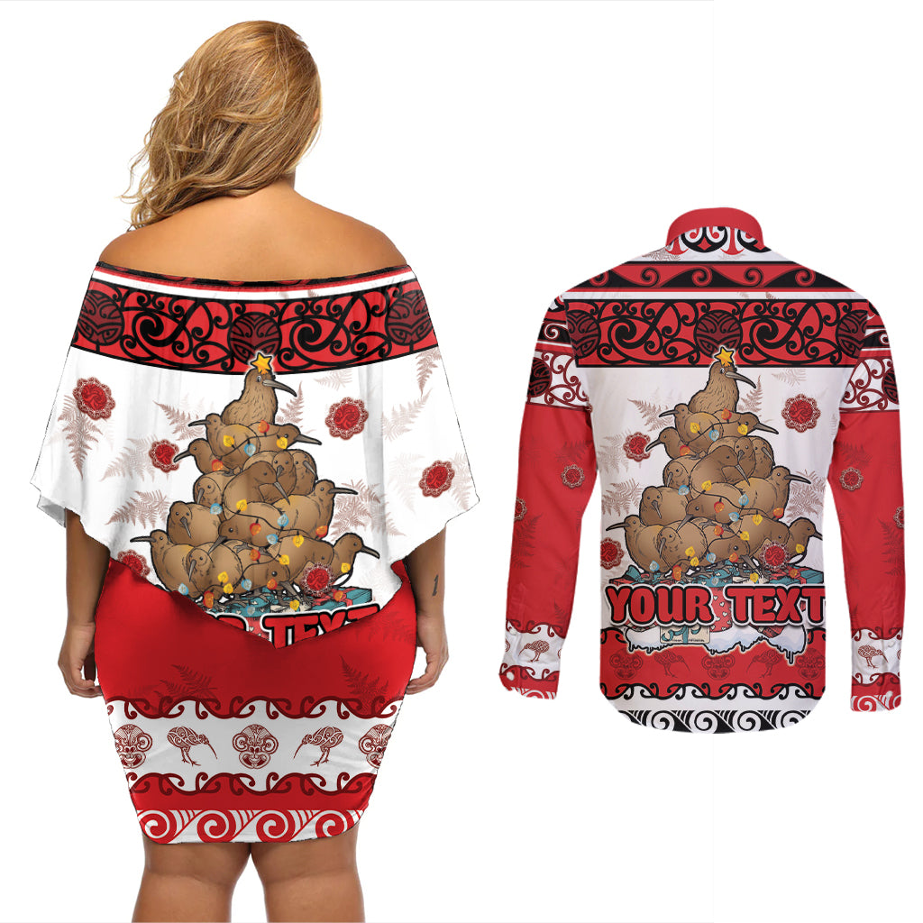 Personalised New Zealand July Christmas Couples Matching Off Shoulder Short Dress and Long Sleeve Button Shirt Maori Kiwi Xmas Tree - White
