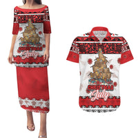 Personalised New Zealand July Christmas Couples Matching Puletasi and Hawaiian Shirt Maori Kiwi Xmas Tree - White