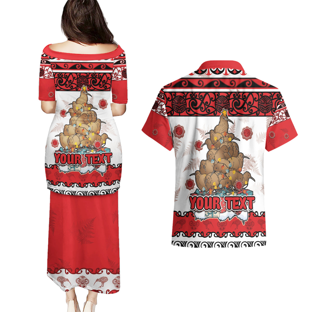 Personalised New Zealand July Christmas Couples Matching Puletasi and Hawaiian Shirt Maori Kiwi Xmas Tree - White