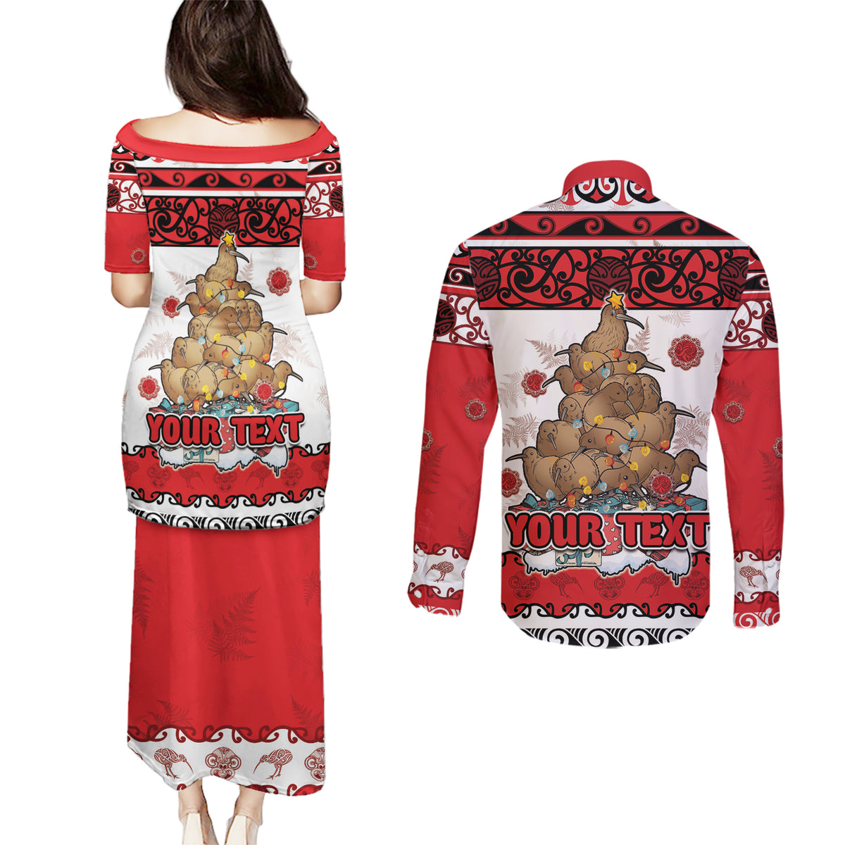 Personalised New Zealand July Christmas Couples Matching Puletasi and Long Sleeve Button Shirt Maori Kiwi Xmas Tree - White
