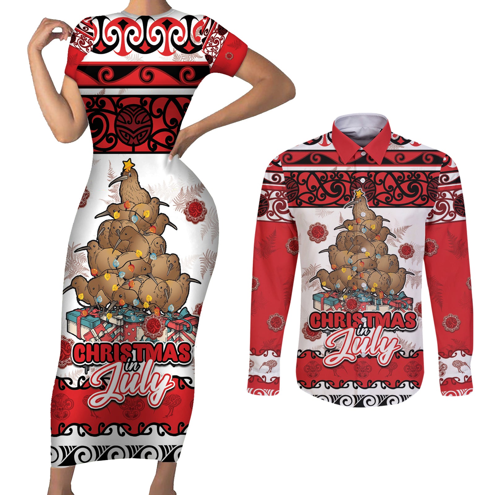 Personalised New Zealand July Christmas Couples Matching Short Sleeve Bodycon Dress and Long Sleeve Button Shirt Maori Kiwi Xmas Tree - White