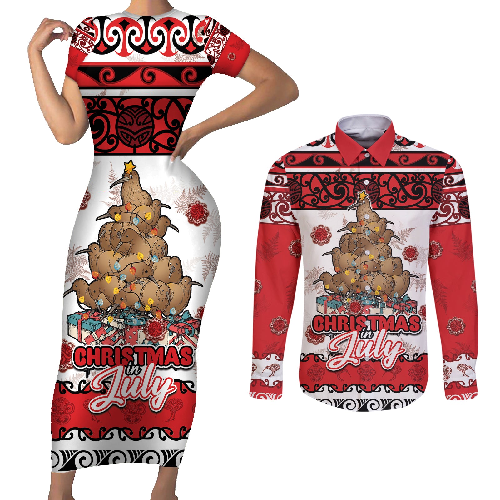 Personalised New Zealand July Christmas Couples Matching Short Sleeve Bodycon Dress and Long Sleeve Button Shirt Maori Kiwi Xmas Tree - White