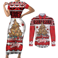 Personalised New Zealand July Christmas Couples Matching Short Sleeve Bodycon Dress and Long Sleeve Button Shirt Maori Kiwi Xmas Tree - White