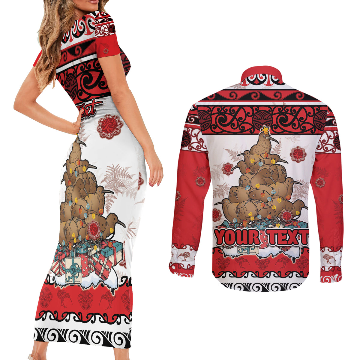 Personalised New Zealand July Christmas Couples Matching Short Sleeve Bodycon Dress and Long Sleeve Button Shirt Maori Kiwi Xmas Tree - White