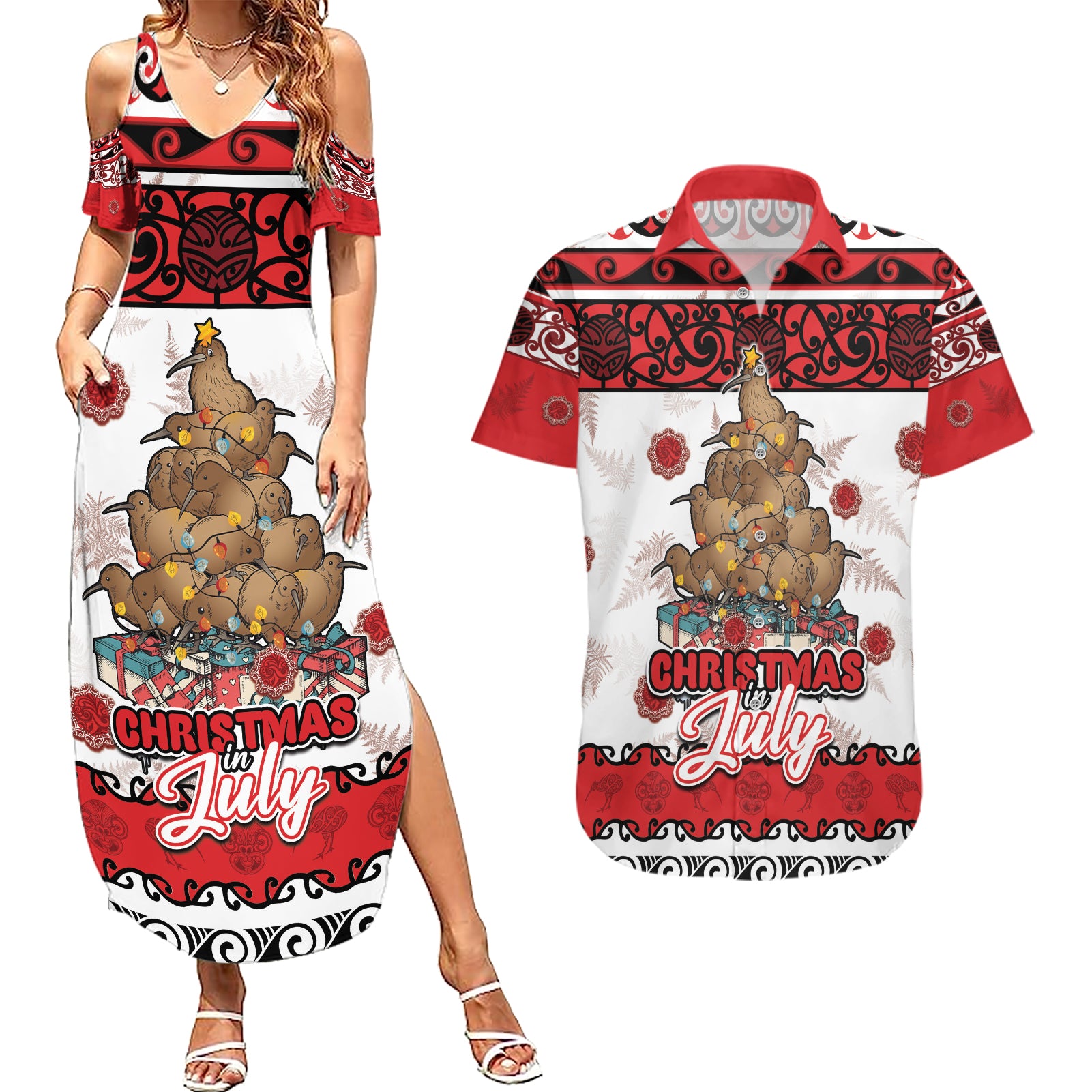 Personalised New Zealand July Christmas Couples Matching Summer Maxi Dress and Hawaiian Shirt Maori Kiwi Xmas Tree - White