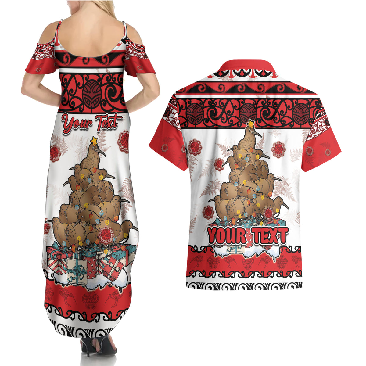 Personalised New Zealand July Christmas Couples Matching Summer Maxi Dress and Hawaiian Shirt Maori Kiwi Xmas Tree - White
