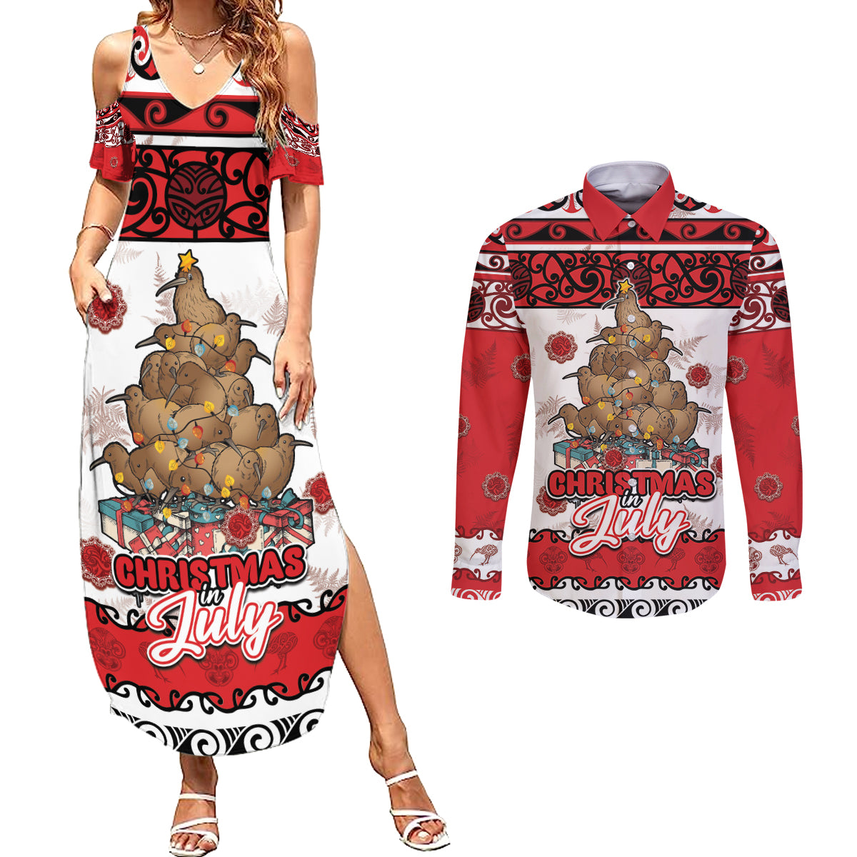 Personalised New Zealand July Christmas Couples Matching Summer Maxi Dress and Long Sleeve Button Shirt Maori Kiwi Xmas Tree - White