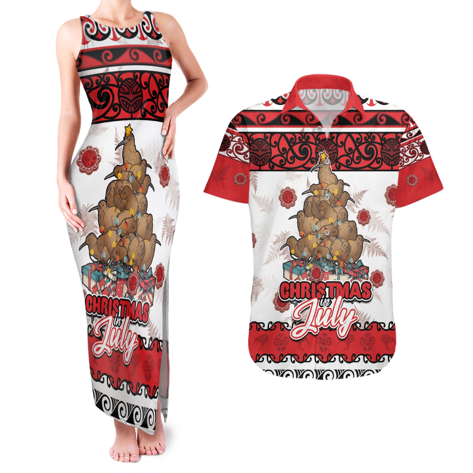 Personalised New Zealand July Christmas Couples Matching Tank Maxi Dress and Hawaiian Shirt Maori Kiwi Xmas Tree - White