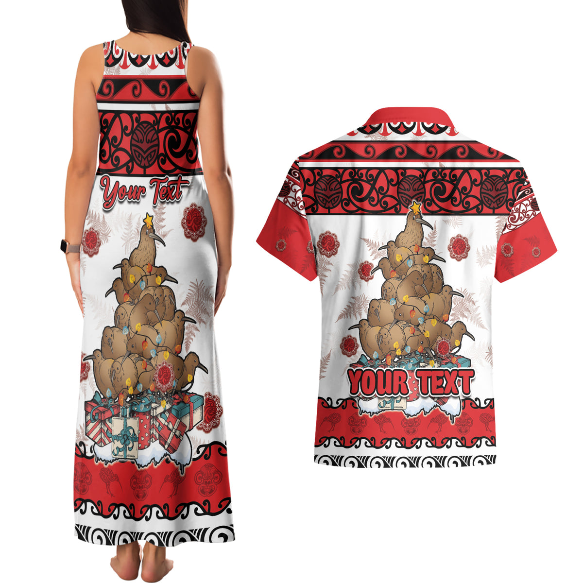 Personalised New Zealand July Christmas Couples Matching Tank Maxi Dress and Hawaiian Shirt Maori Kiwi Xmas Tree - White
