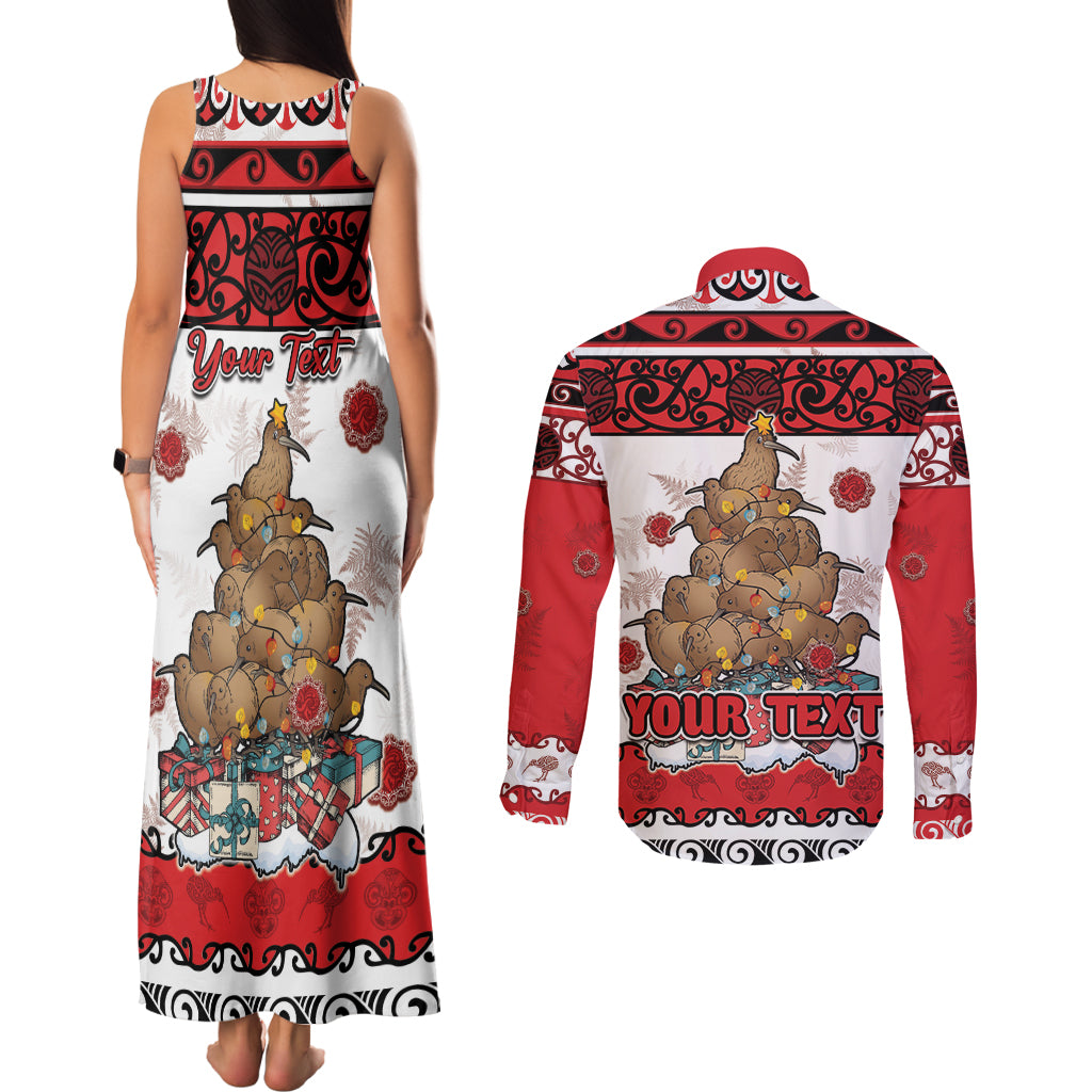 Personalised New Zealand July Christmas Couples Matching Tank Maxi Dress and Long Sleeve Button Shirt Maori Kiwi Xmas Tree - White