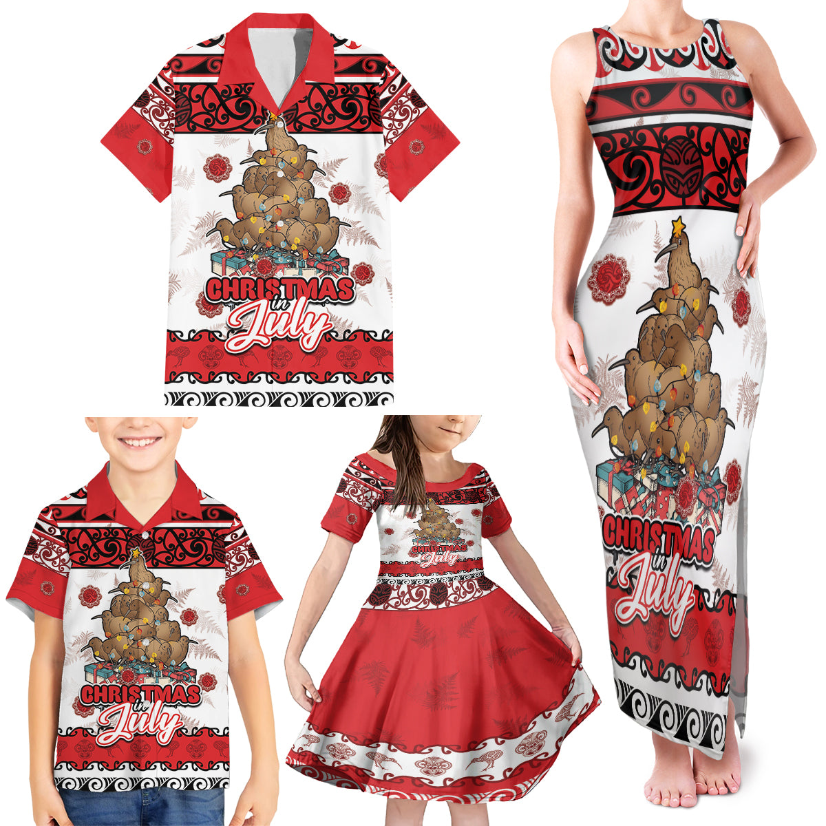 Personalised New Zealand July Christmas Family Matching Tank Maxi Dress and Hawaiian Shirt Maori Kiwi Xmas Tree - White