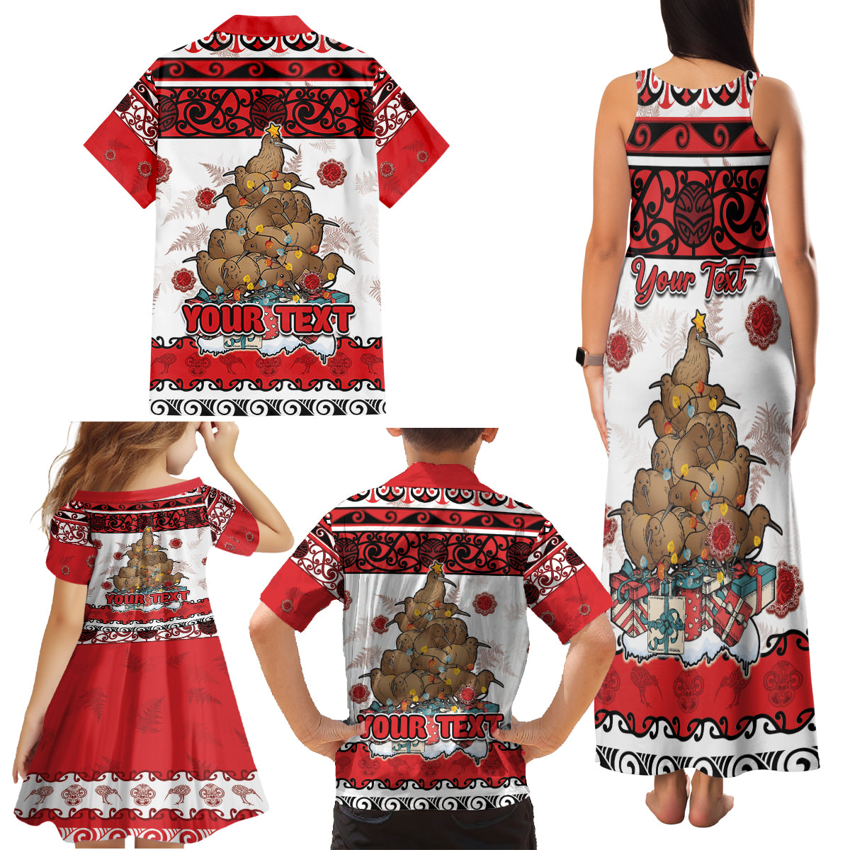 Personalised New Zealand July Christmas Family Matching Tank Maxi Dress and Hawaiian Shirt Maori Kiwi Xmas Tree - White