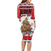 Personalised New Zealand July Christmas Long Sleeve Bodycon Dress Maori Kiwi Xmas Tree - White LT05 - Polynesian Pride