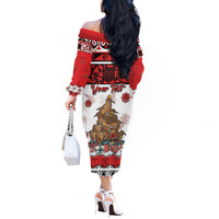 Personalised New Zealand July Christmas Off The Shoulder Long Sleeve Dress Maori Kiwi Xmas Tree - White LT05 - Polynesian Pride