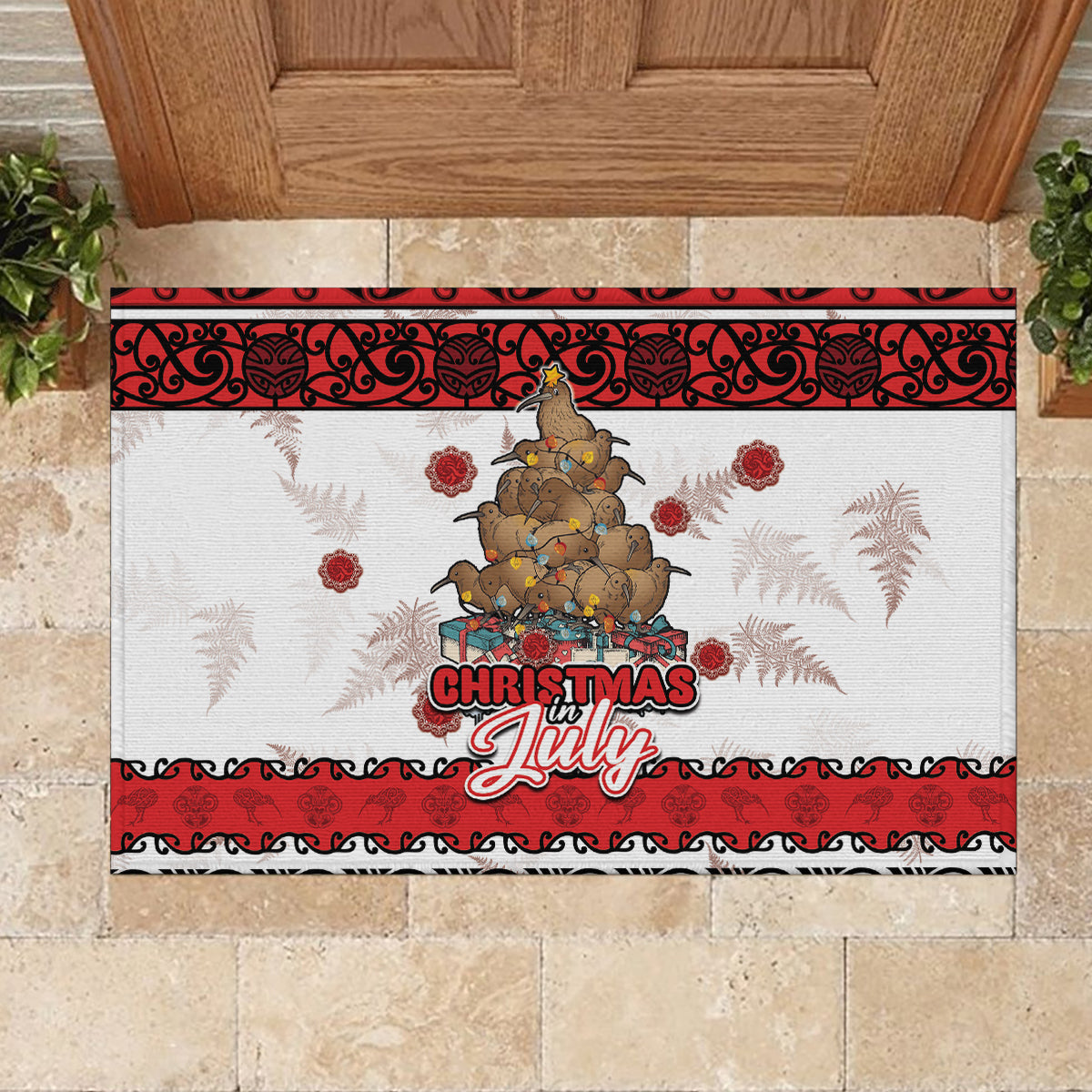New Zealand July Christmas Rubber Doormat Maori Kiwi Xmas Tree - White